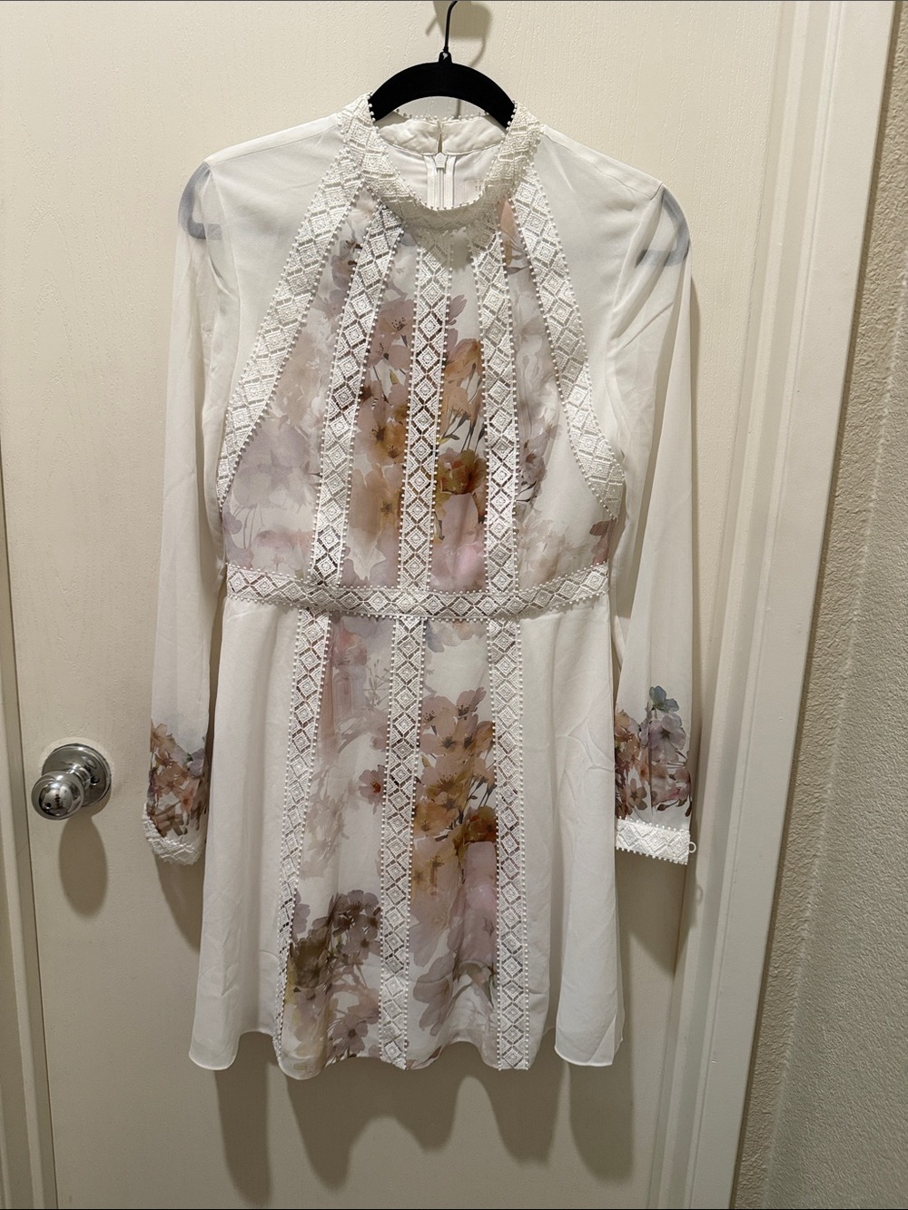 Ted Baker White Floral Lace-Trim Long Sleeve Dress